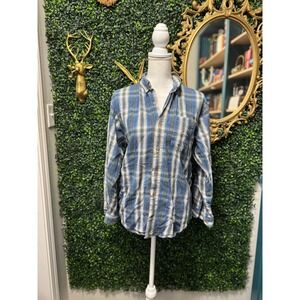 Bon Homme Mens Blue Green Plaid Button Up Shirt Long Sleeve Cotton Size L